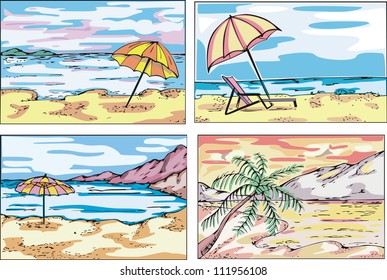 Sunny beach sketches. Set of vector illustrations.
