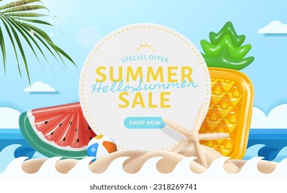 Sunny beach summer sale promotion template. Round label on sand with tropical fruit lilos, beach ball, starfish, ocean waves and tropical leaf around.