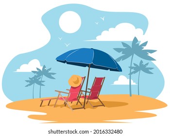 Sonniger Strand mit Liegestühlen. Vektorflache Illustration.