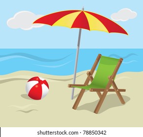Sunny beach with sunbed and umbrella vector illustration