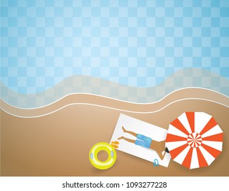 Sunny beach top view  with  Man Sunbathe under the umbrella in summer season,vector and illustration.