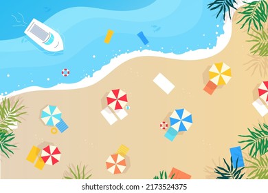 Sunny beach top view. Vector illustration of a beach with colorful towels, parasols, beach balls, yacht, sea, sand and palm trees. Flat design style. 