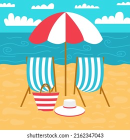 Ilustración del paisaje vectorial de la playa. Playa de verano de estilo plano con sombrillas y sillas.