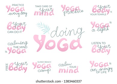 Sunny beach yoga quotes with hand lettering. Motivational phrases for yoga theme.