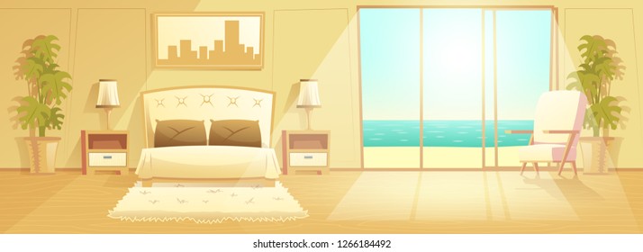 Sunny bedroom in villa on seashore, luxury resort hotel spacious apartments classic design interior cartoon vector with comfortable furniture, tropical seacoast behind sliding glass door illustration