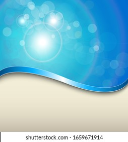 Sunny blue background with abstract wave and green bokeh, vector.