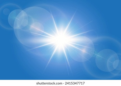 Fondo azul soleado con sol brillante y lente de luz