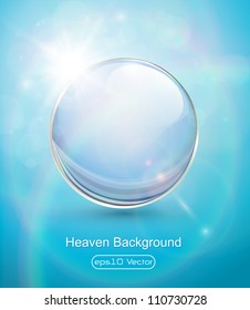 Sunny blue background, with transparent sphere and lens flares, vector.