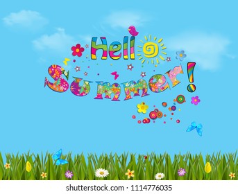 Sunny blue cloudy sky background with lettering Hello Summer. Butterflies flying above the grass and flowers, vector illustration, cartoon lettering calligraphy.