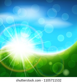 Sunny blue and green vector background, bright spring and summer abstract landscape