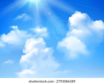 Sunny blue sky background with bright sun and soft white clouds creating a cheerful natural atmosphere, outdoor weather scene for summer themes, travel promotions, environmental design, optimistic mood visuals, clean nature backdrop, and refreshing landscape composition