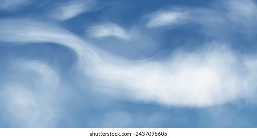 Sunny blue sky with white cumulus clouds, natural clouds of summer or spring weather, background with illustration of perfect weather on a hot bright day.