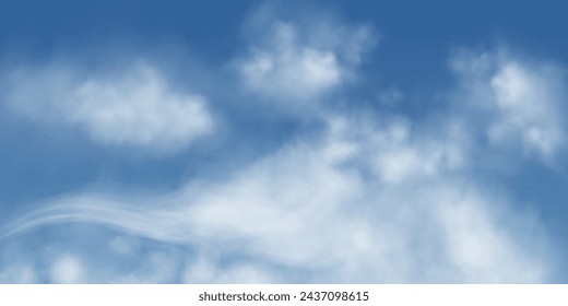 Sunny blue sky with white cumulus clouds, natural clouds of summer or spring weather, background with illustration of perfect weather on a hot bright day.