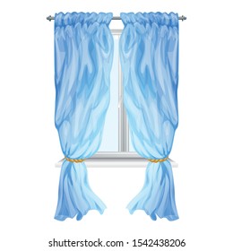 Sunny blue window curtain icon. Cartoon of sunny blue window curtain vector icon for web design isolated on white background