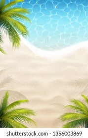 Sunny Bright Sand Beach, Green Palms And Sea Water Background. Vector Photo Realistic Illustration. Top View