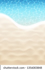 Sunny Bright Sand Beach And Sea Water Background. Vector Photo Realistic Illustration. Top View