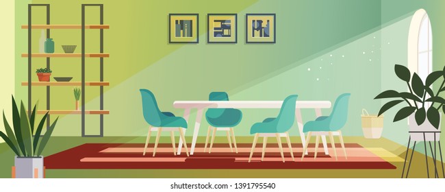 Sunny bright spacious and modern dining room with wooden big table. Colorful vector illustration in flat cartoon style.