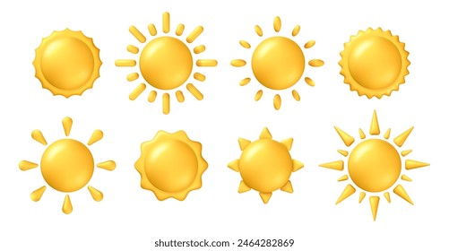 Sunny bright sun with rays and warming sunshine. Vector isolated set of realistic 3d icons for application UI or widgets showing forecast. Hot temperature or climate, warm and shining circles