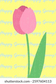 Sunny bright whimsical abstract spring card or poster with a big pink tulip on lemon yellow background. Spring design with texture for marketing, branding, greeting card, printing materials, etc.