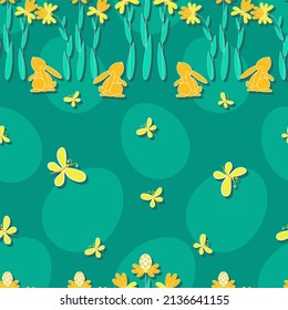 Sunny Bunny. Fondo de Pascua. Primavera, conejo conejo y mariposa, flor y hierba. Naturaleza de primavera. Fondo verde. Patrón sin foco. Ilustración vectorial. 