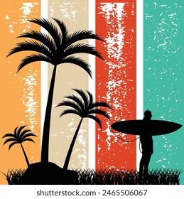 Sunny California Surf ! Cool vintage vector art featuring a surfer riding waves, palm trees, and a retro sunset. Perfect for your next T-shirt design! Catch the wave!
