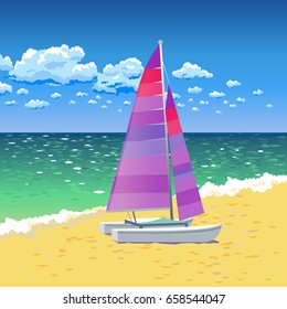 Sunny calm seascape with catamaran on the beach.
Beautiful sail boat waiting on the sea background.