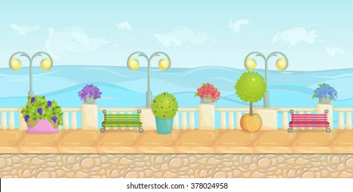 Sunny cartoon seafront landscape, endless vector seaside background for computer games. Stone fence, plants, flowers, benches, paving