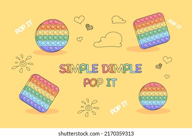 Sunny cartoon vector illustration with childlike toys pop it and drawn by hand icons on the yellow background