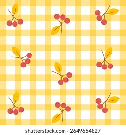 Sunny Cherry Gingham Bliss. Seamless pattern with cute cherries on yellow plaid.