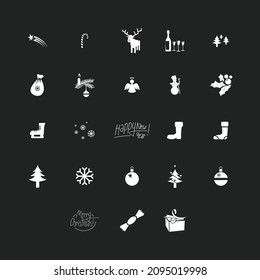 Sunny Christmas Icons Set, Happy New Year Collection with Dark Grey Background - Vector Design Template.