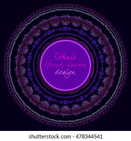 Sunny circle tribal ornament frame with round label and text place in black background. Geometric ethnic colorful design. Vector illustration stock vector.