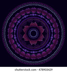 Sunny circle tribal ornament frame and black background. Night sky solar or star concept. Geometric ethnic colorful design. Vector illustration stock vector.