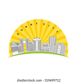  Sunny city. Logo for new modern prestigious district town. Skyscrapers and buildings on background of  solar sunrise. symbol for real estate industry