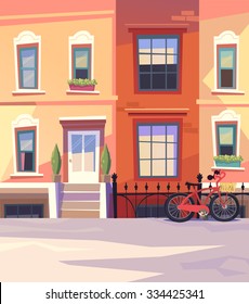 Sunny City Street With A City Bicycle Basket. Vector Illustration