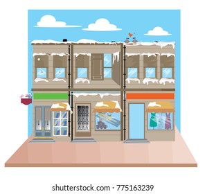 Sunny City street. Doors and windows boutiques, shops, background. Vector.