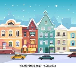 Sunny City Street Winter Cartoon Buildings Stock Vector (Royalty Free ...