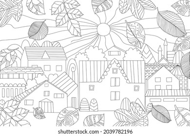 sunny cityscape with falling autumn bizarre leaves for your coloring book