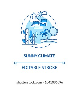 Sunny climate concept icon. Sunny temperature. Summer vacation. Tropical climate. Warm environment idea thin line illustration. Vector isolated outline RGB color drawing. Editable stroke