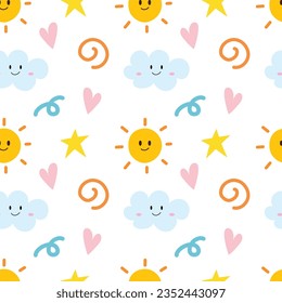 Sunny and cloud doodle cartoon seamless pattern background for wallpaper, wrapping, note