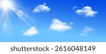 Sunny and clouds background Vector, blue sky with white clouds and sun, vector illustration.