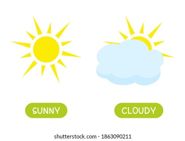 SUNNY and CLOUDY antonyms word card vector template. Flashcard for english language learning. Opposites concept. Different types of weather