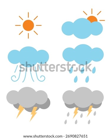 Sunny, cloudy, rainy, windy and stormy weather forecast cartoon for education and illustration