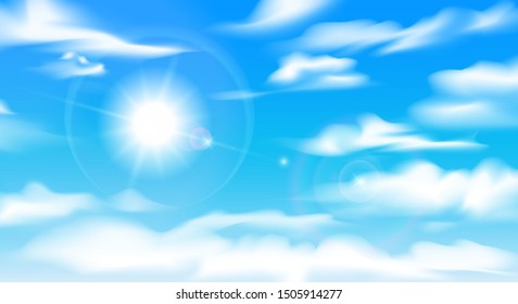 Sunny cloudy sky. Beautiful blue skies image with bright sun and clouds, vector day high landscape