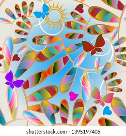 Sunny colorful flowers and butterflies seamless pattern. Vector illustration. Ornamental spring summer bright background. Hand drawn abstract striped flowers, leaves, sun, butterflies, love hearts