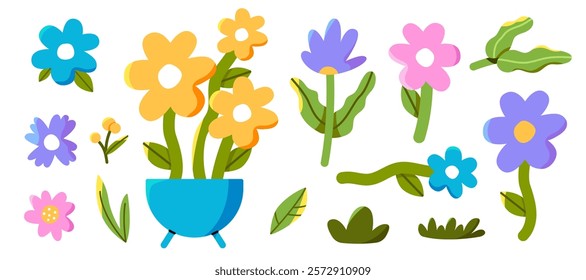 Sunny colorful flowers set. Collection of daisy flowers. Flat vector illustration isolated on white background.