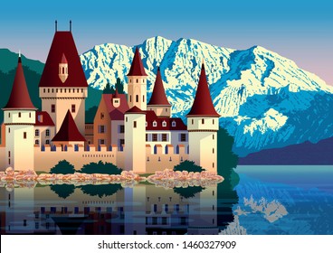 Sunny day in Austria near the medieval castle, lake and mountains in the background. Handmade drawing vector illustration. Flat design. Vintage Poster. All objects are grouped by layers.