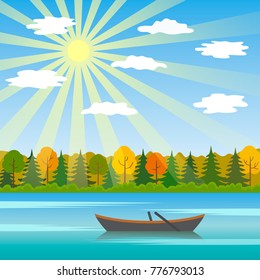 A sunny day is an autumn landscape with a lake and a boat in the background of a forest. flat vector illustration