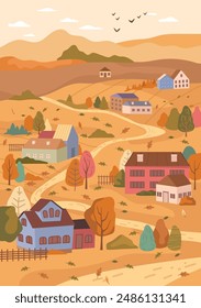 Sunny day in autumn village, road and houses, orange fall trees with falling leaves. Cartoon vector Illustration picture of rural scene in autumn, landscapes against background of mountains