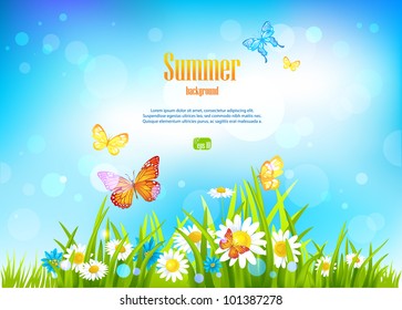 Sunny day background and flowers with space for text.