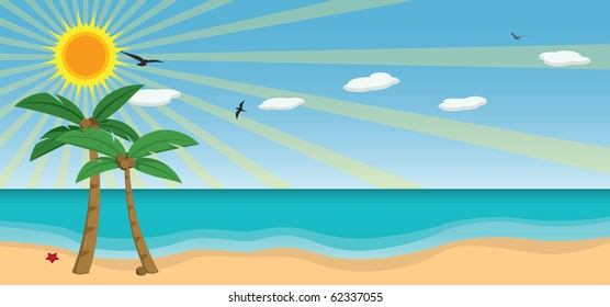 A sunny day at the beach with birds, clouds and a starfish.